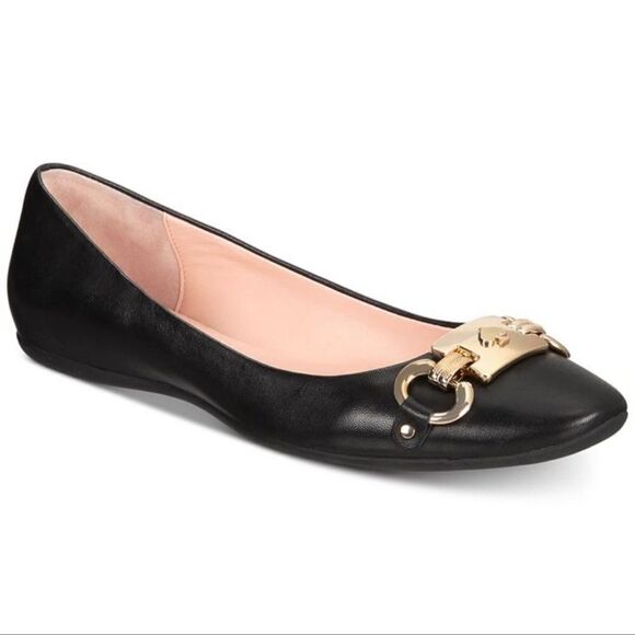 Kate Spade 9.5 Phoebe Black Gold Tone Link Hardware Black Leather Flats - Picture 1 of 14